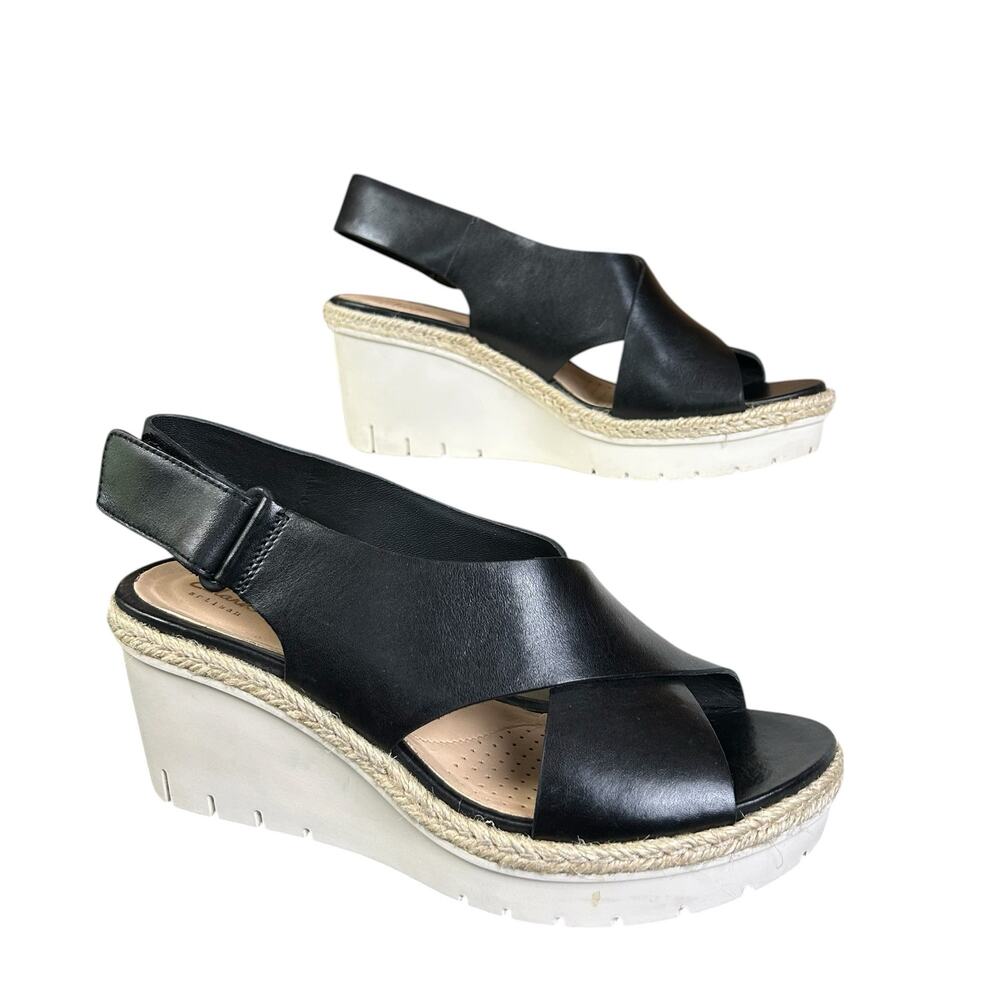 Clarks Artisan Palm Glow Sandals Size 6M Black Leather Wedge Platform Boho Heels